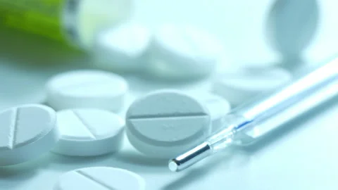 White pills or tablets spilling out of pill bottle and thermometer 動画素材 141179929