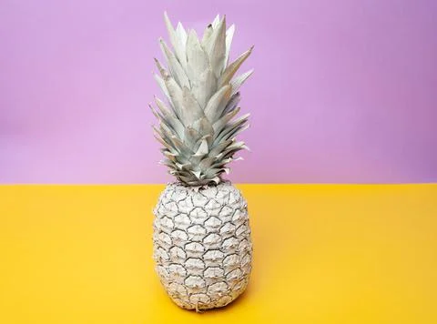 White pineapple on table in studio on violet and yellow background Stock Photos