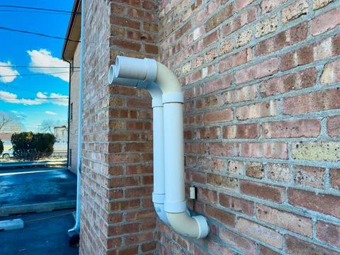 A white pipe is attached to a brick wall of a building. It curves smoothly an Stock Photos