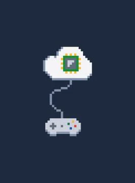 White pixel art 8 bit gamepad for game console connected to cloud with processor Stock Illustration