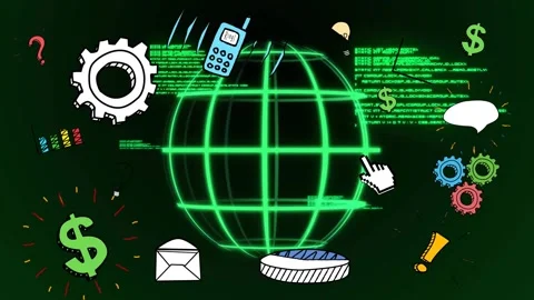 White pixel cursor blinking at neon green globe, causing icons pulsing, 스톡 동영상 320916081