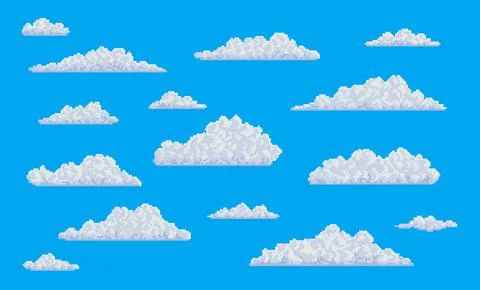 White pixel fluffy clouds on sky, 8 bit art game Illustrazione stock