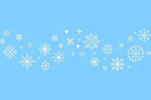 White pixel snowflake seamless pattern on light blue background Illustrazione stock