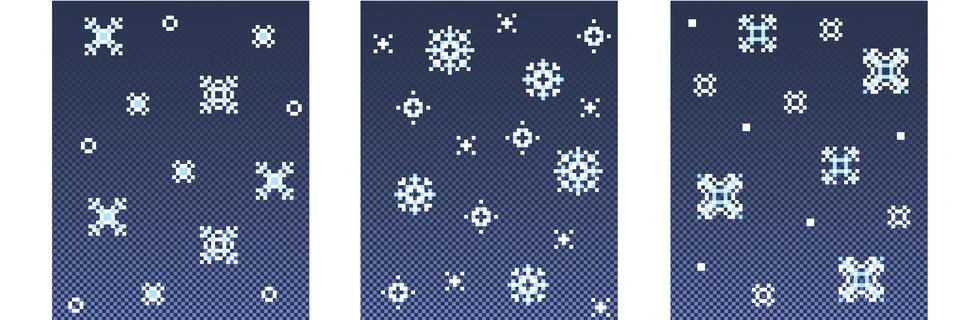White pixel snowflakes falling on blue gradient Stock Illustration