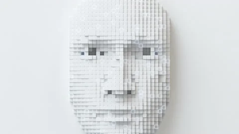 White pixelated face recognition 3D render animation Stock Footage 153859914