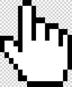 White pixelated hand cursor icon with black outline is pointing upward on Illustrazione stock