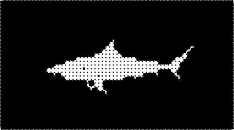 A white pixelated shark on a black background Illustrazione stock