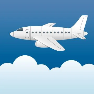 White plane on a background of blue sky and white clouds. Cartoon style. Vector Stock Illustration