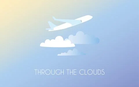 White plane in the blue sky flying through the clouds. Stock Illustration