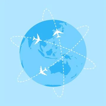 White planes flying around the blue earth globe. Vector illustration Stock Illustration