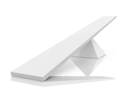 White plank is balancing on triangular prism in 3D render showing reflective Stock Illustration