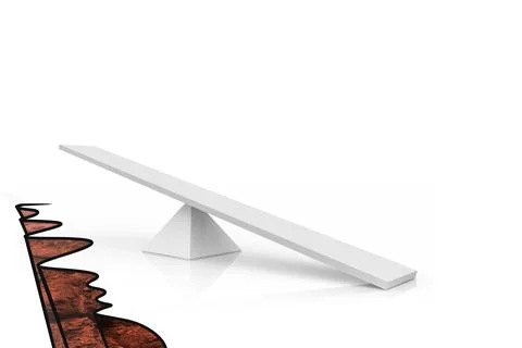 White plank is tilting on triangular base in flat design above red chasm in Stock Illustration