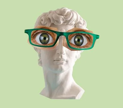 White plaster statue head of David  with big eyes and glasses green backgroun Stock Photos