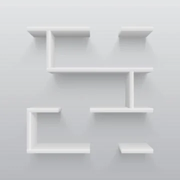 White plastic 3d shelves with light shadow on wall. Simplicity in interior Illustrazione stock