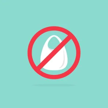 White plastic bag with red circle. stop using disposable polythene package. Illustrazione stock