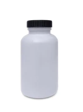 White plastic bottle with blue cap and Plastic spray bottles, isolated white Foto stock