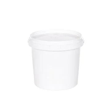 White plastic bucket with lid on  white background Foto stock
