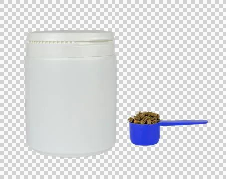 White plastic container and blue, measuring scoop with veterinary supplemen.. Stock Illustration