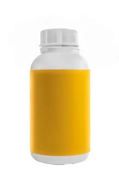 White plastic container with yellow label and white lid. Stock Photos