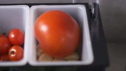 White plastic containers with tomatoes, garlic, cherry tomatoes, butter, pepper  Stock Footage 102165040
