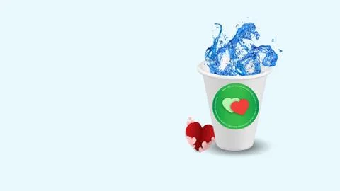 White plastic cup with splashed sea water and decorated heart below. Stock Illustration