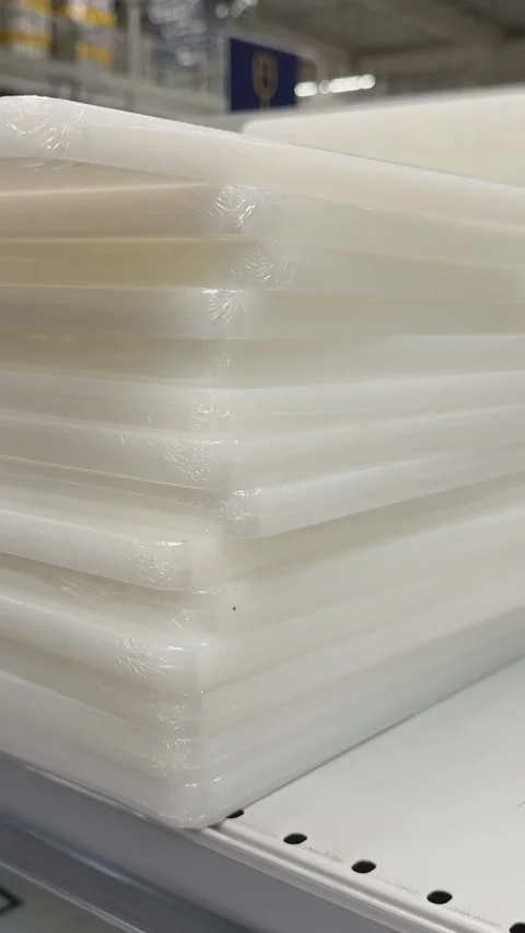 White plastic cutting boards stacked on a retail store counter displaying Stock Footage 345178874