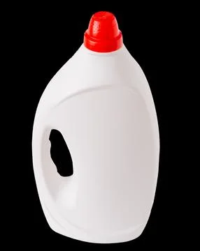 White Plastic Detergent Bottle isolated black background, Empty Mockup Cont.. Stock Photos