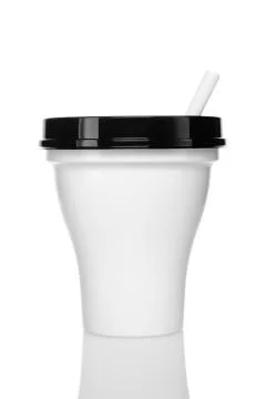 White plastic disposable Cup with black lid and drinking tube isolated on whi Stock Photos
