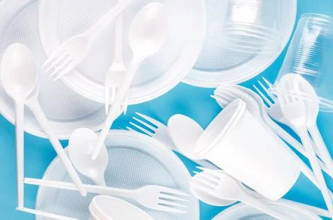 White plastic disposable tableware Stock Photos