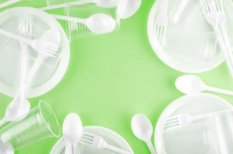 White plastic disposable tableware Stock Photos