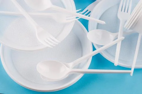 White plastic disposable tableware Stock Photos