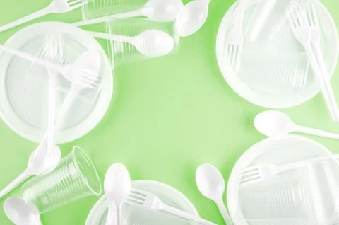 White plastic disposable tableware Stock Photos