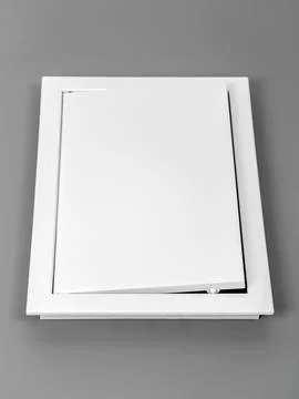 White plastic hatch on a gray background. Rectangular shape. Stock Photos