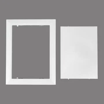 White plastic hatch on a gray background. Rectangular shape. Stock Photos