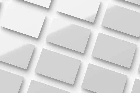 White plastic ID card with rounded corners arranged in rows. 3D rendering. Stock Photos