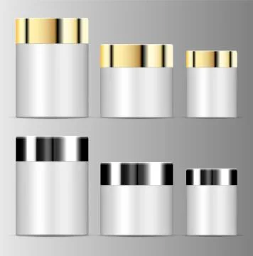 White plastic jar set with round silver golden cap Illustrazione stock