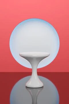 White plastic podium on a red background. 3d illustration. Stock Photos