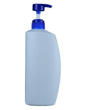 White plastic pump bottle with a blue dispenser isolated on a transparent b.. 스톡 사진