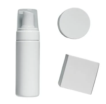 White plastic pump bottle for foam soap or lotion with a matching cream jar.. Stock Photos