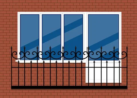White plastic pvc window with door and balcony with black metal balcony rail, Stock Illustration