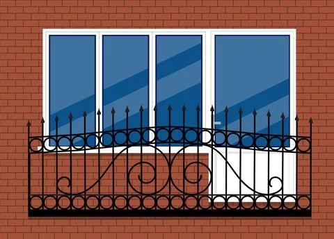 White plastic pvc window with door and balcony with black metal balcony rail, Stock Illustration
