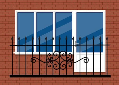 White plastic pvc window with door and balcony with black metal balcony rail, Stock Illustration