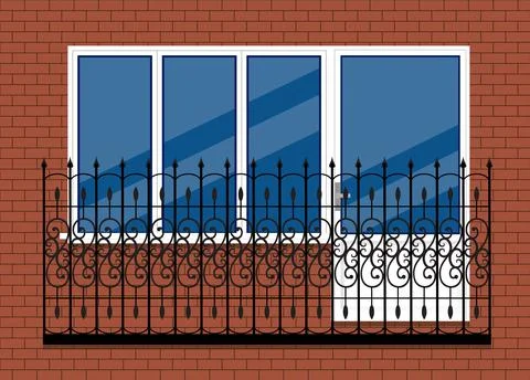 White plastic pvc window with door and balcony with black metal balcony rail, Stock Illustration