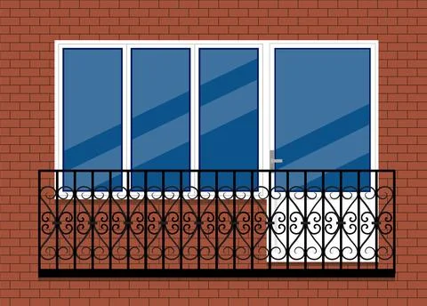 White plastic pvc window with door and balcony with black metal balcony rail, Stock Illustration