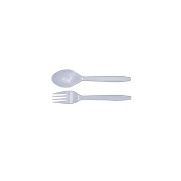 White plastic spoon and fork isolated on white background with clipping path Foto stock