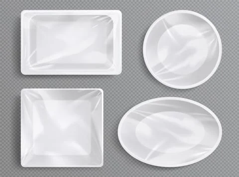 White plastic trays, package with clear film 스톡 일러스트