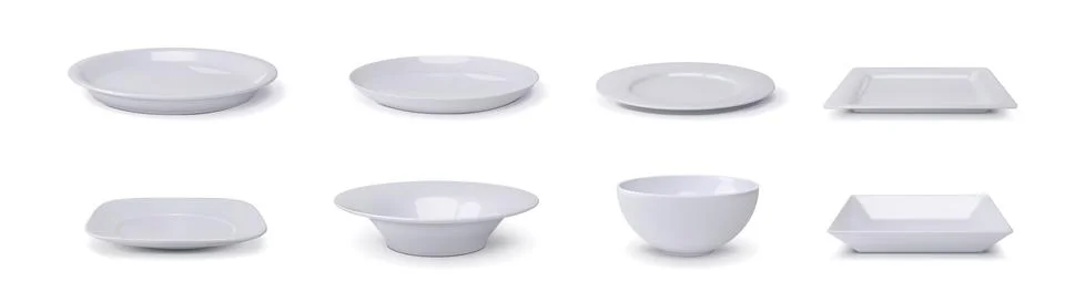 White plate. Dish side view, empty aerial dinner shot above blank porcelain Stock Illustration