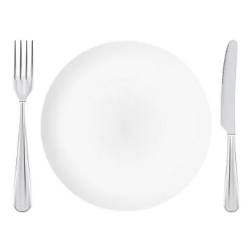 White Plate With Fork And Knife Crossed Isolated On A White Background. Stock Illustration
