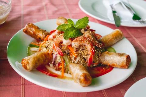 White plate with fried spring rolls and shrimps with vegetables in spicy sauc Stock Photos