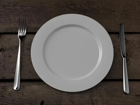 White plate, knife and fork on wooden table 库存插图